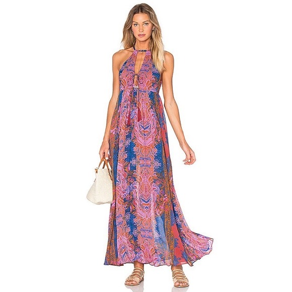 Free People Dresses & Skirts - Free People Unattainable Blue Red Paisley Print Halter Flowy Maxi Dress Size 0